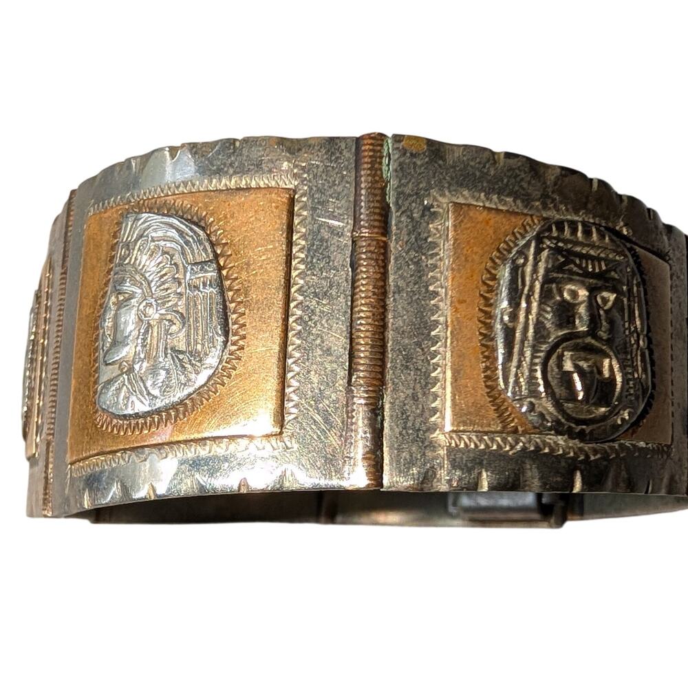 Taxco Sterling Silver Panel Bracelet Mixed Metal Embossed Mexican Artisan 7.5 in - Picture 5 of 14